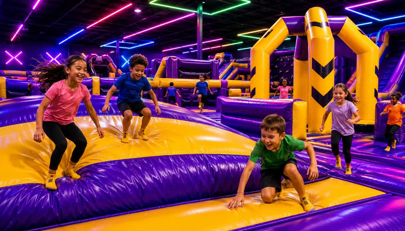 Indoor inflatable park overview at Super Llama Inflatable Park Plano
